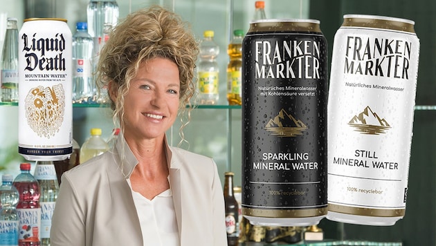 Die Marke Frankenmarkter - hier Chefin Ludmilla Starzinger - füllt nun Wasser in der 0,5-Liter-Dose ab. Eine optische Ähnlichkeit zu „Liquid Death“ ist erkennbar. (Bild: Der Russkäfer, Starzinger, liquiddeath.com, Krone KREATIV)