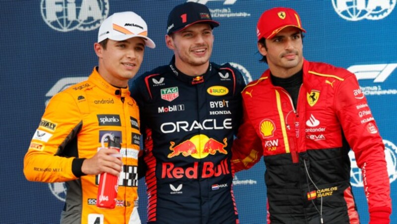 Lando Norris, Max Verstappen und Carlos Sainz (vo. li. n. re.) (Bild: Copyright 2023 The Associated Press. All rights reserved)