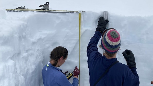 Die Forscher bestimmen die Dichte und Temperatur der Schneedecke in einem Schneeschacht. (Bild: APA/GEOSPHERE AUSTRIA/NEUREITER)