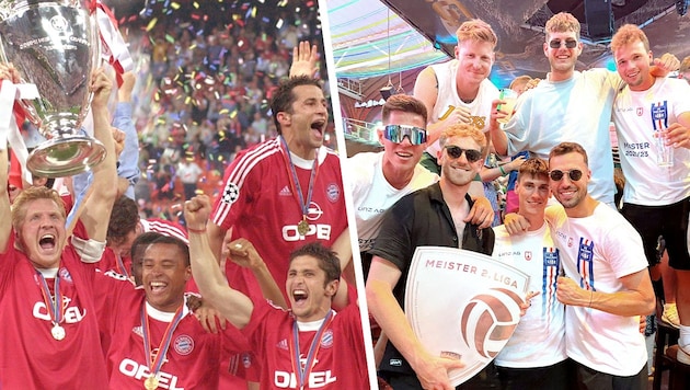 Bayern-Legende Effenberg (li. mit Pokal) gratuliert den blau-weißen Meisterhelden. (Bild: Mathias Schrader, zVg, Krone KREATIV)