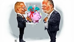 LH Thomas Stelzer hat eines seiner berühmten Sparschweine aus dem Hause des Designers Milan Ilic als Gastgeschenk oder Trostpreis für Hans Peter Doskozil. (Bild: Ilic Milan A.)
