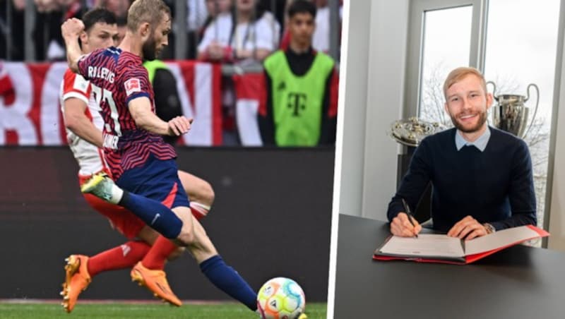 Der Transfer von Konrad Laimer zu den Bayern steht schon länger fest - das verrät der Baum (re.) im Hintergrund. (Bild: GEPA, twitter.com/FCBayern)