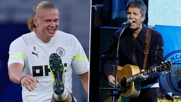 Erling Haaland (li.) und City-Edelfan Noel Gallagher. (Bild: Associated Press, APA/Getty Images via AFP/GETTY IMAGES/KEVIN WINTER, krone.at-kreativ)