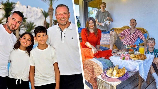 Zweimal Familie: Stephan Auer-Stüger (rechts) mit seinem Mann Thorsten und den beiden Kindern und die Tiroler Patchwork-Familie der Dancing Stars Zabine Kapfinger und Alexander Zaglmaier (Bild: zVg, Hubert Berger, Krone KREATIV)