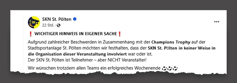 Der SKN St. Pölten distanzierte sich auf Facebook von dem Nachwuchsturnier. (Bild: Facebook Krone KREATIV)