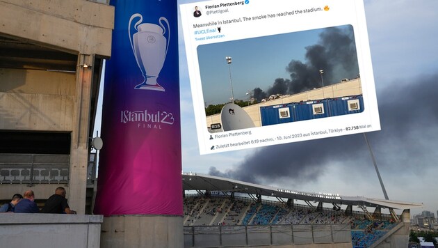 Rauchentwicklung in Stadionnähe - Sky-Reporter Florian Plettenberg hielt die Geschehnisse auf Twitter fest. (Bild: AP, Twitter.com/Florian Plettenberg)