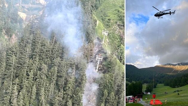 Der Brand brach unterhalb der Gondelbahn aus. Auch Löschhubschrauber standen im Einsatz. (Bild: zeitungsfoto.at)