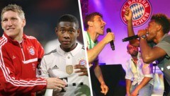 Bastian Schweinsteiger und Thomas Müller gratulieren ihrem früheren Bayern-Spezl David Alaba zum 100. Länderspiel. (Bild: GEPA Pictures, Reuters, Krone KREATIV)