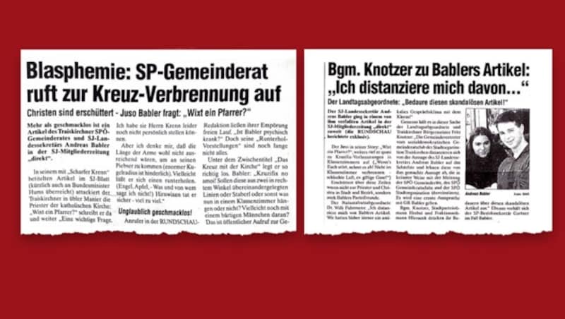 Andreas Babler lieferte mit heftiger Kritik an Schulkreuz und Kirche schon als junger Gemeinderat Schlagzeilen. (Bild: Niederösterreichische Rundschau, Krone KREATIV)