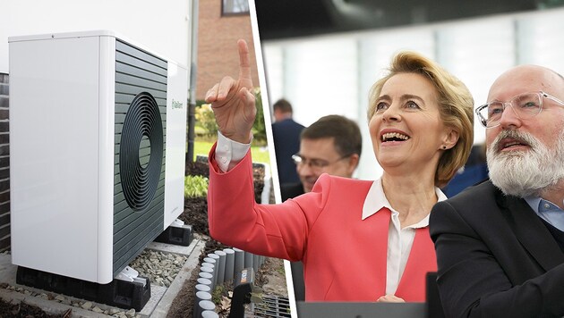 Kommissionschefin Ursula von der Leyen und Vize Frans Timmermans: Wärmepumpen, koste es, was es wolle? (Bild: APA/Picturedesk , Krone KREATIV)
