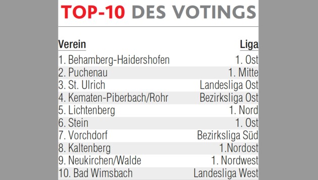 Das sind die Top-10 des Votings zum familienfreundlichsten Klub des Landes. (Bild: zVg)