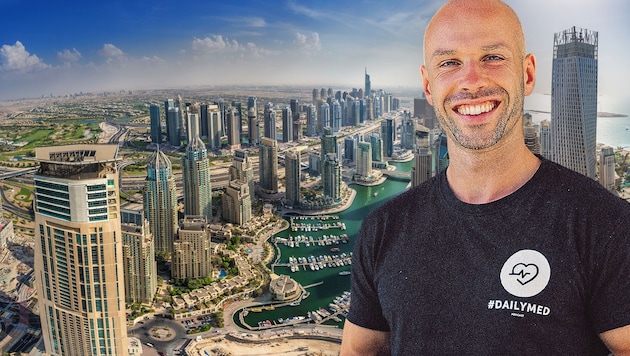 Der Vorarlberger Mediziner Dominik Klug hat in Dubai ein neues Leben begonnen. (Bild: Stock Adobe, ZVG, Krone KREATIV)
