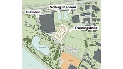 So könnte der Volksgarten Sport-Campus bei einem Neubau der Trainingshalle künftig aussehen. (Bild: Stadt Salzburg, Krone KREATIV)