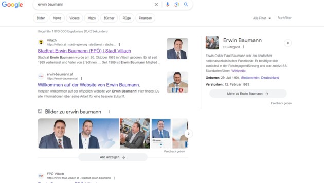 Die Suchmaschine verknüpft Text und Bild von falschen Personen (siehe rechts). (Bild: Screenshot/Google)