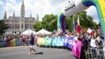 Participantes en el desfile del arcoíris frente al Ayuntamiento de Viena (Imagen: APA/EVA MANHART)