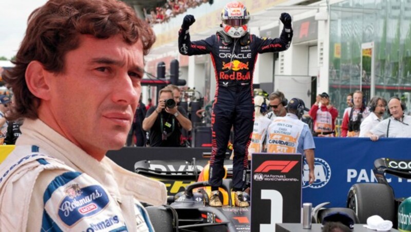 Max Verstappen (re.) jubelt über den Sieg in Kanada und befindet nun auf einer Stufe mit Ayrton Senna (li.). (Bild: AP, GEPA)