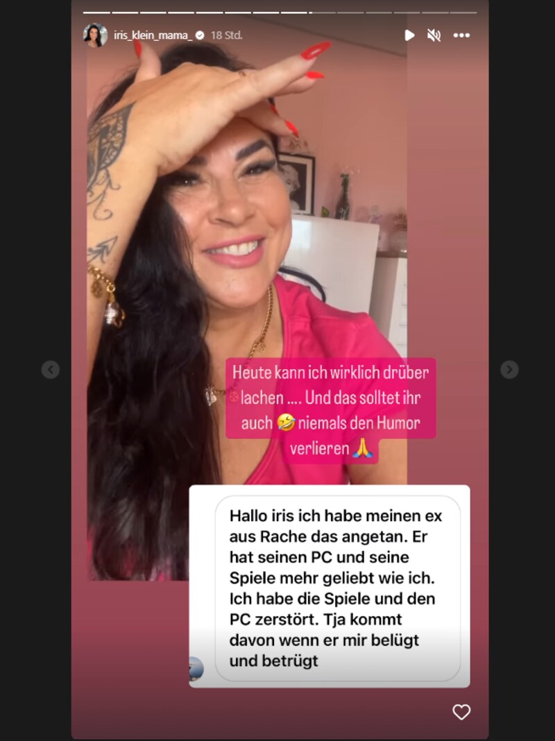 Die Selbstjustiz anderer amüsiert sie. Sie streitet auch nicht ab, den Fernseher, den ohnehin sie bezahlt habe, zerstört zu haben. (Bild: https://www.instagram.com/iris_klein_mama_)