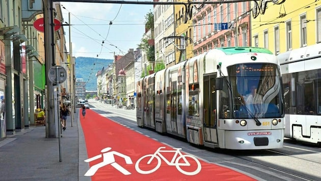 Die Fahrbahn stadteinwärts, zwischen Bim und Gehsteig, soll künftig ein Rad- und Gehweg werden. (Bild: Krone KREATIV)