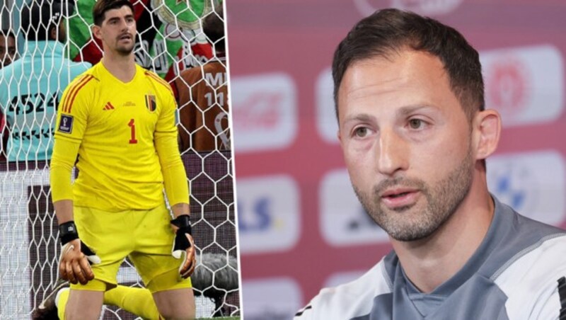 Belgiens Teamchef Domenico Tedesco (re.) reagiert auf die Absage von Torhüter Thibaut Courtois. (Bild: APA/AFP)