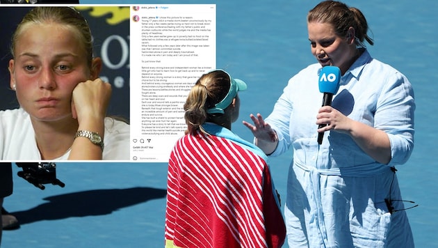 Jelena Dokic (re.) beim Interview bei den Australian Open 2023. Das Bild links zeigt die ehemalige Tennis-Dame im Alter von 17 Jahren. (Bild: APA/AFP/Martin KEEP, instagram.com/dokic_jelena)