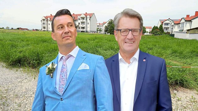 Investor Christoph Gottesheim (links) kaufte Grundstücke günstig ein und teurer weiter - auch an OSG-Chef Alfred Kollar (rechts). (Bild: Reinhardt Judt, Campo, Gemeinde Nickelsdorf, Krone KREATIV)