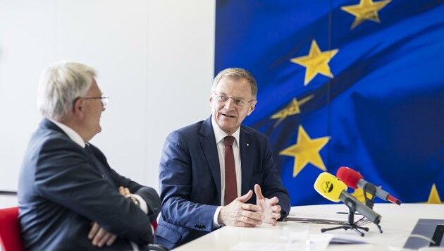 Luxemburgs EU-Kommissar empfing LH Thomas Stelzer. (Bild: Max Mayrhofer/Land OÖ)
