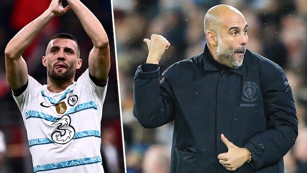 ManCity-Coach Pep Guardiola (re.) darf sich wohl auf Neuzugang Mateo Kovacic freuen. (Bild: APA/AFP/Lindsey Parnaby, APA/Marco BERTORELLO, krone.at-kreativ)