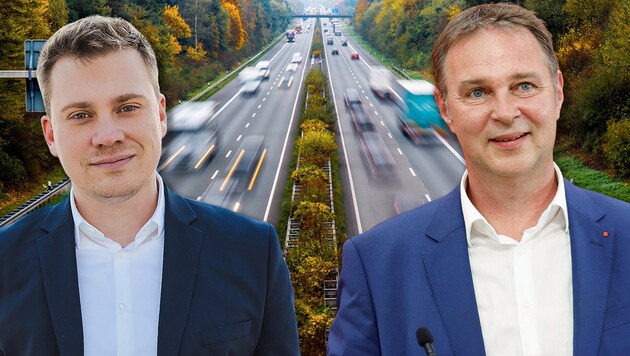 Krumböck (li.) kritisiert Bablers Verkehrspläne und möchte für Entlastungsprojekte kämpfen. (Bild: REUTERS/LEONHARD FOEGER, Androsevic, Krone KREATIV)