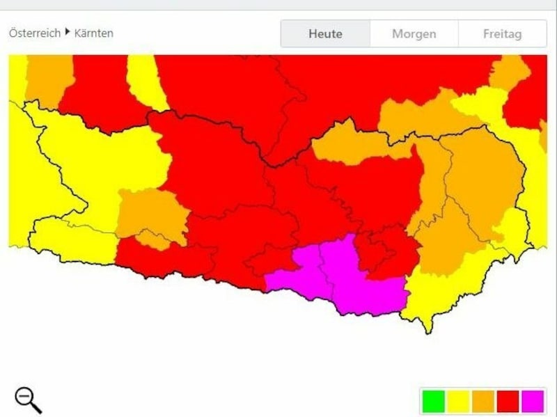 Etwa seit 19 Uhr gilt in den Bezirken Klagenfurt Land und Villach Land die höchste Unwetterwarnstufe. (Bild: UWZ.at)