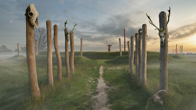 So wie auf dieser Illustration kann man sich die Ritualstätte in aktiver Zeit vorstellen. (Bild: Gemeente Tiel)