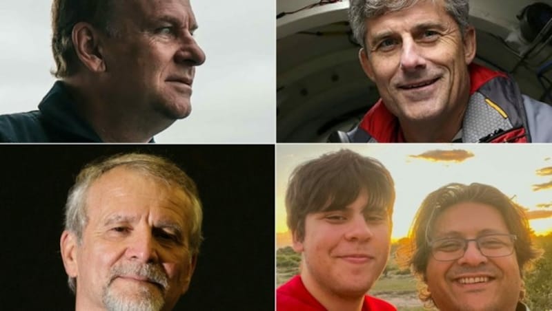 An Bord der „Titan“ befanden sich Hamish Harding (links oben), Stockton Rush (rechts oben), Paul-Henri Nargeolet (links unten) sowie Shahzada Dawood und sein Sohn Suleman (rechts unten). (Bild: AFP)