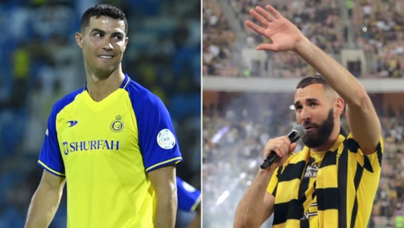 Cristiano Ronaldo (l.) und Karim Benzema (r.) spielen in der saudischen Pro League. (Bild: APA/AFP)