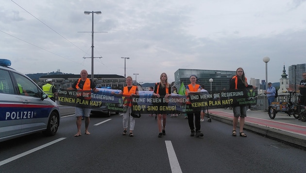 Die Demonstranten blockierten die Nibelungebrücke. (Bild: Letzte Generation)