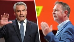 Kanzler Karl Nehammer (ÖVP) und SPÖ-Chef Andreas Babler (Bild: APA/ROLAND SCHLAGER, APA/HELMUT FOHRINGER, Krone KREATIV)