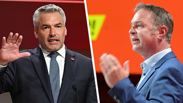 Az ÖVP és az SPÖ pártvezetői ellentétes véleményen vannak. (Bild: APA/ROLAND SCHLAGER, APA/HELMUT FOHRINGER, Krone KREATIV)
