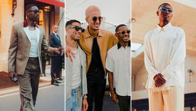 Bild in der Mitte der Collage: David Alaba traf in Paris PSG-Kicker Achraf Hakimi (li.) und NBA-Star Kyle Kuzma. (Bild: instagram.com/davidalaba)