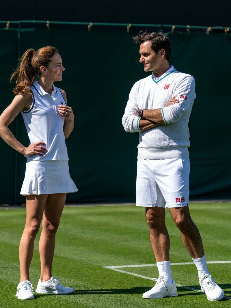 Prinzessin Kate will von Federer wissen, wie ihr Aufschlag ist. (Bild: APA/AFP/AELTC/Thomas LOVELOCK)