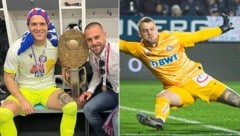 Ivan Lucic mit der Cup-Trophäe in Kroatien (re. Bild), bei seiner Austria war er nur kurz der Einsergoalie. (Bild: GEPA pictures, zVg., krone.at-kreativ)