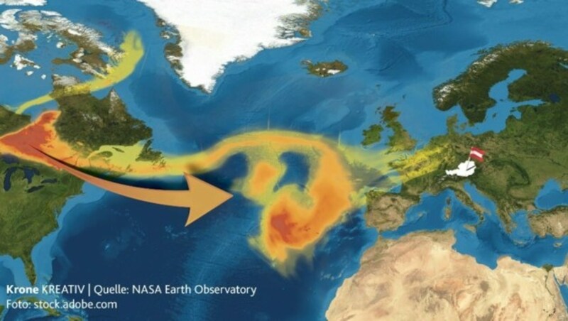 Die Auswirkungen der Rauchschwaden von Kanada über den Atlantik bis nach Europa (Bild: stock.adobe.com, Krone KREATIV)