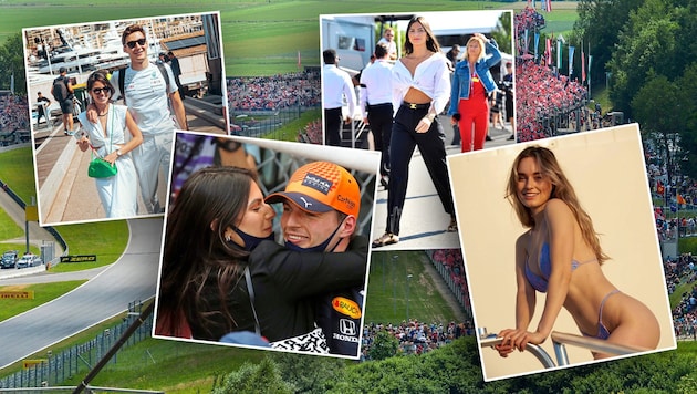 George Russell mit Carmen Montero, Max Verstappen und Freundin Kelly Piquet, Kelly Piquet und Elena Berri (v.l.n.r.) (Bild: GEPA pictures, zVg)