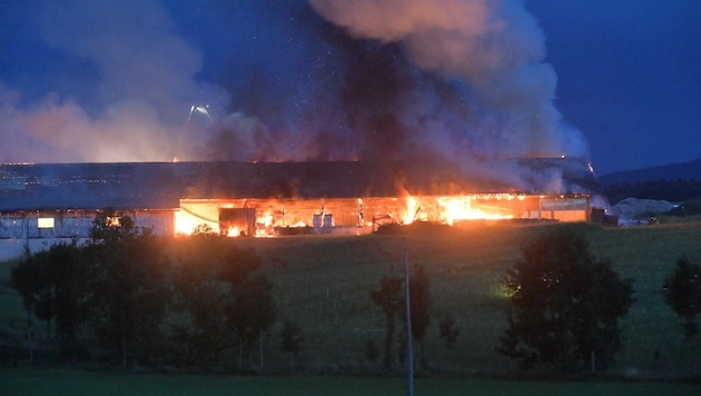 Meterhohe Flammen und hohe Rauchsäulen beim Haustadel. (Bild: Manfred Esm)