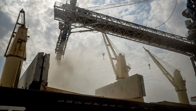 Die Beladung eines Transportschiffs mit ukrainischem Getreide (Bild: APA/AFP/OLEKSANDR GIMANOV)