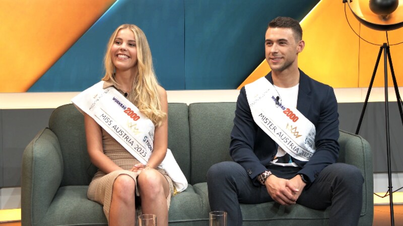 Die amtierenden Miss Valentina Bleckenwenger und Mister Alexander Höfler zuletzt bei Interviews bei kroneTV in Wien. (Bild: krone.tv)