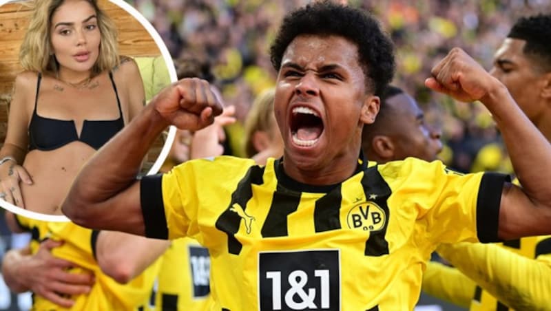 Karim Adeyemi (re.) von Borussia Dortmund und die Schweizer Rapperin Loredana (Bild: GEPA )