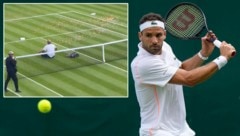 Das Match von Grigor Dimitrov wurde von Klimaaktivisten gestört. (Bild: Associated Press, twitter.com/JohnJamesNI, krone.at-kreativ)