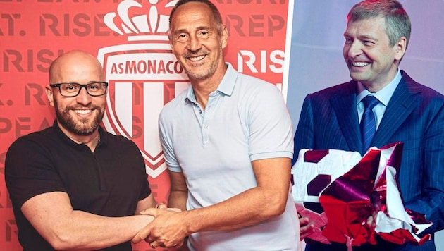 Sportchef Thiago Scuro, Adi Hütter und Monacos Boss Dimitri Rybolowlew (von li. nach re.) (Bild: AS Monaco, GEPA)