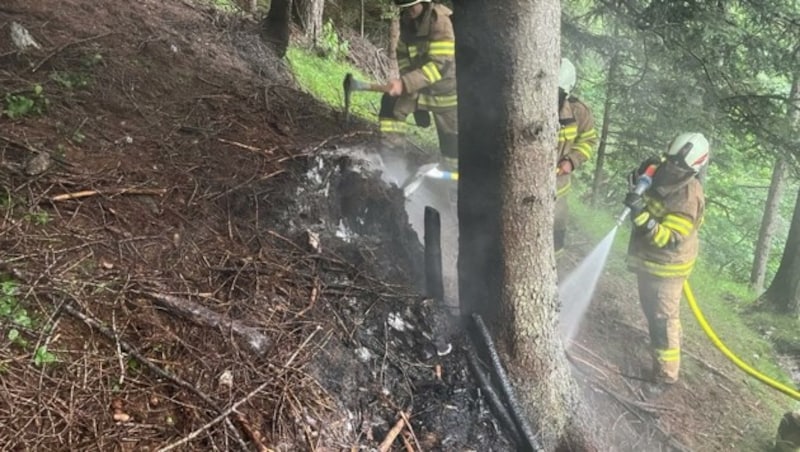 In Zederhaus war ein Haufen aus Reisig und Ästen durch einen Blitzeinschlag in Flammen geraten. (Bild: FF-Zederhaus - FF-Tamsweg)