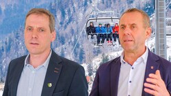 Das Aus für Oberösterreichs Skigebiet scheint besiegelt. Klaus Kramesberger (li.), SP-Bürgermeister von Grünau im Almtal, und Rudolf Raffelsberger (re.), VP-Bürgermeister von Scharnstein, wollen weiterkämpfen. (Bild: Krone KREATIV, Horst Einöder)