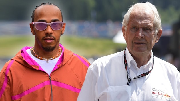 Lewis Hamilton (l.) wechselt zu Ferrari, Helmut Marko (r.) vermutet einen Vorfall bei Mercedes.  (Bild: APA/ERWIN SCHERIAU)