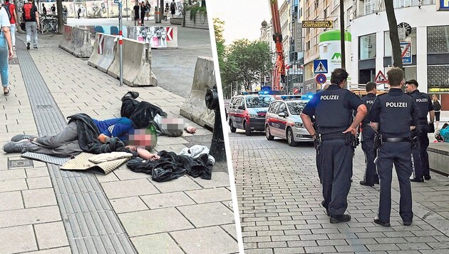 Obdachlose, die untertags mitten auf der Straße schlafen. Im Bereich der Kirchengasse gibt es in letzter Zeit vermehrt Polizeieinsätze. (Bild: Chrsitoph Engelmaier, Krone KREATIV)